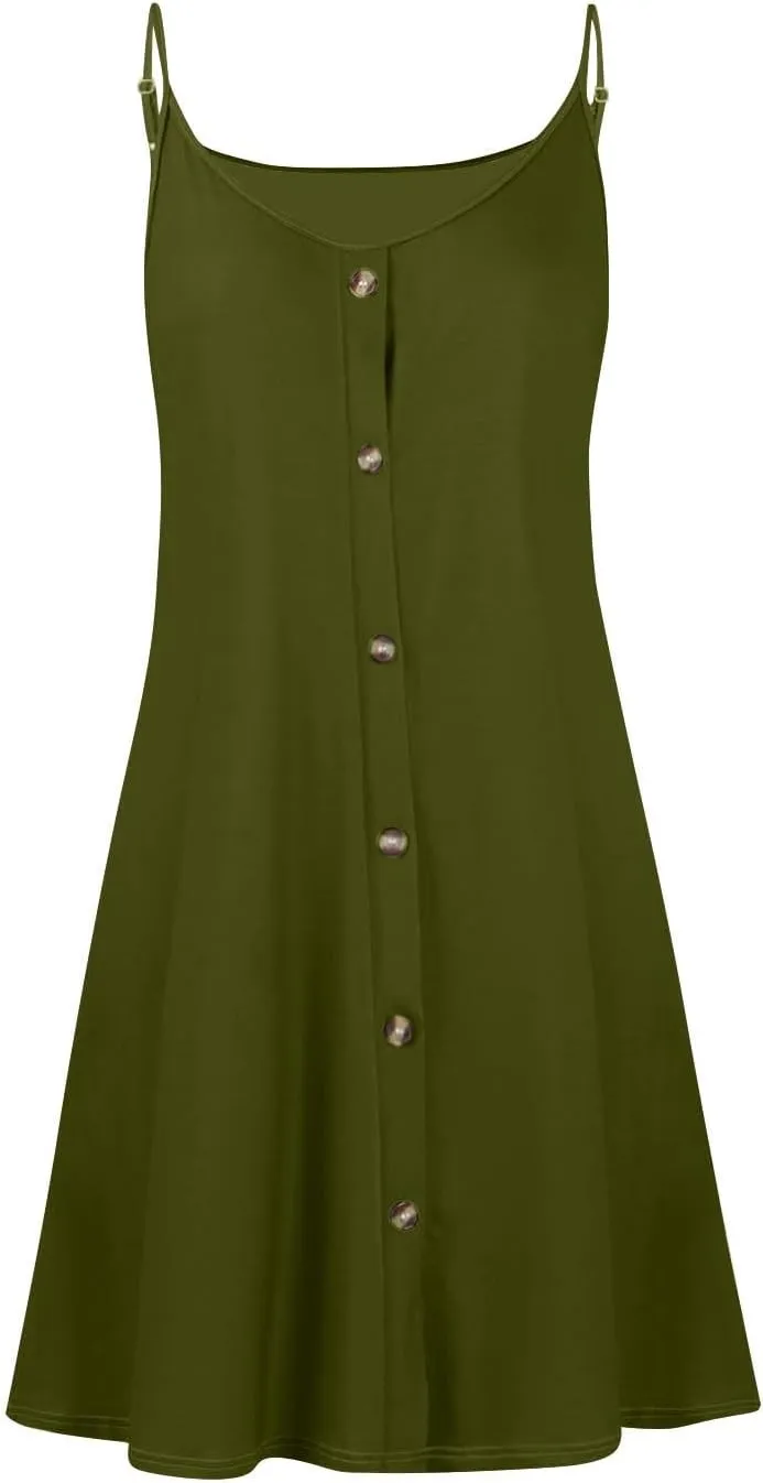 hlysgo Button Down Dresses for Women Casual Loose Fit Sleeveless V Neck Mini Sundress Summer Spaghetti Straps Beach Dress