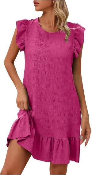 hlysgo Mini Dresses for Women 2025 Summer Casual Loose Frill Sleeve Ruffled Dresses Ladies A-Line Flowy Vacation Beach Dress