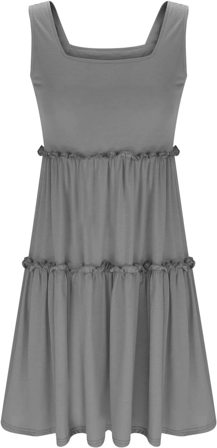 hlysgo Sundresses for Women Trendy Sleeveless Square Neck Tiered Mini Dress Casual Knee Length Beach Dresses Summer Clothes
