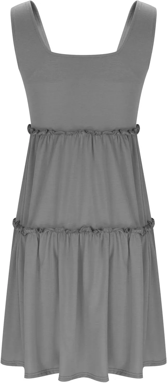 hlysgo Sundresses for Women Trendy Sleeveless Square Neck Tiered Mini Dress Casual Knee Length Beach Dresses Summer Clothes