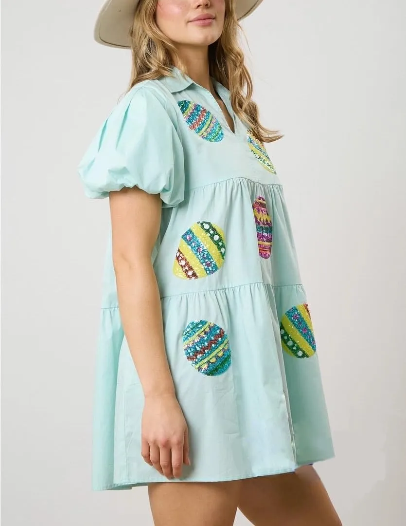 Holiday Sequin Graphic Dress for Women Festival Puff Sleeve Mini T-Shirt Dress Sparkly Glitter Ruffle Short Dresses