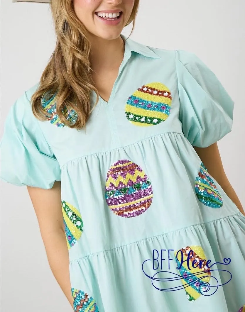Holiday Sequin Graphic Dress for Women Festival Puff Sleeve Mini T-Shirt Dress Sparkly Glitter Ruffle Short Dresses