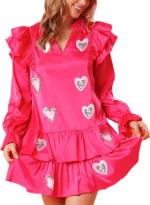 Holiday Sequin Graphic Dress for Women Festival Puff Sleeve Mini T-Shirt Dress Sparkly Glitter Ruffle Short Dresses