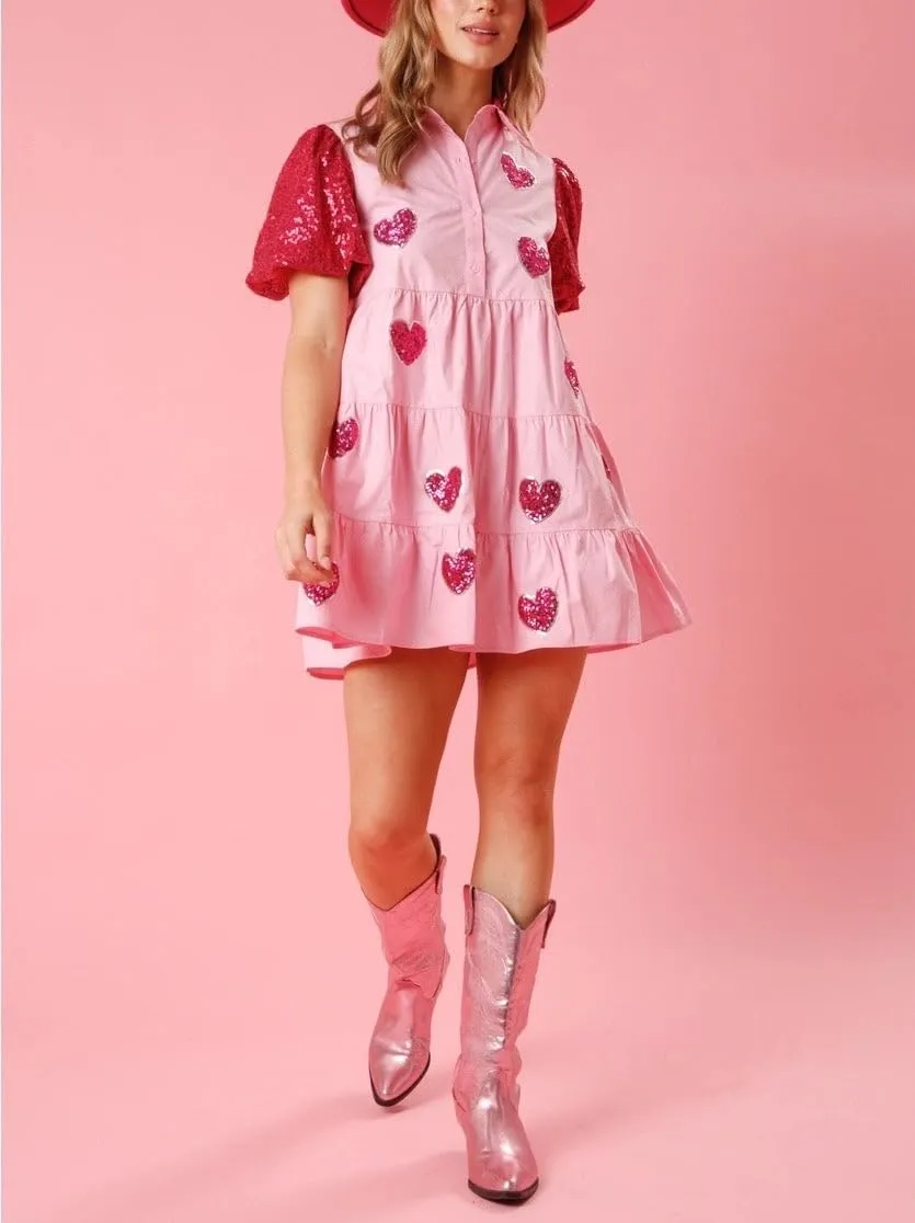 Holiday Sequin Graphic Dress for Women Festival Puff Sleeve Mini T-Shirt Dress Sparkly Glitter Ruffle Short Dresses