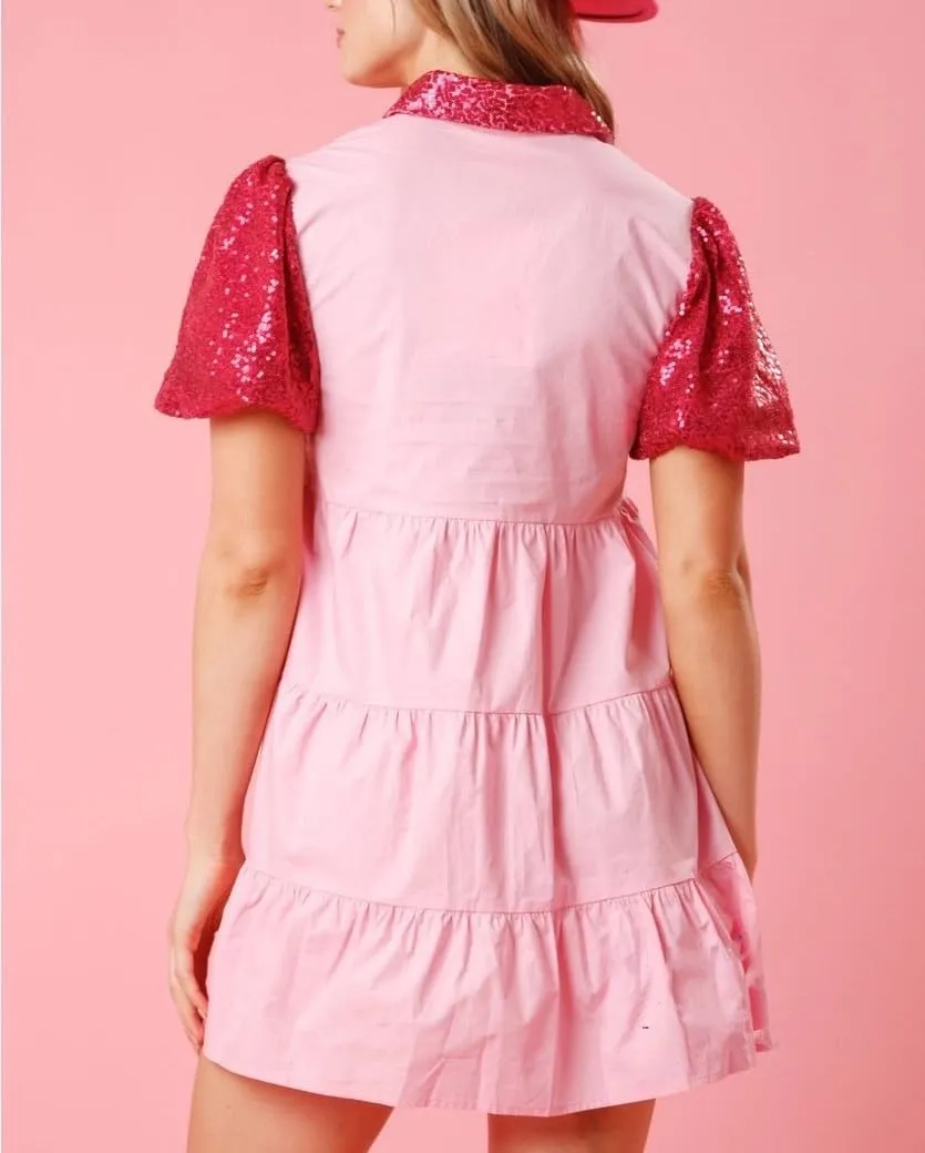 Holiday Sequin Graphic Dress for Women Festival Puff Sleeve Mini T-Shirt Dress Sparkly Glitter Ruffle Short Dresses