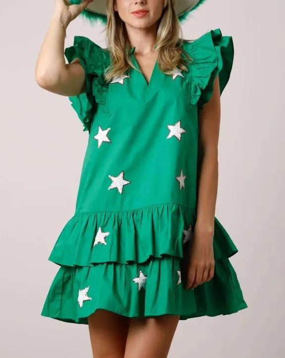 Holiday Sequin Graphic Dress for Women Festival Puff Sleeve Mini T-Shirt Dress Sparkly Glitter Ruffle Short Dresses
