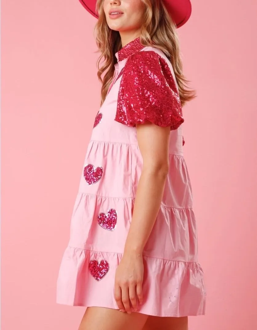 Holiday Sequin Graphic Dress for Women Festival Puff Sleeve Mini T-Shirt Dress Sparkly Glitter Ruffle Short Dresses