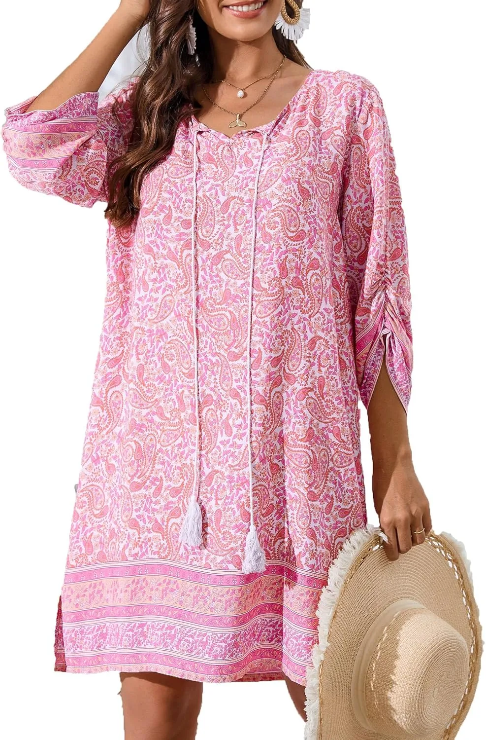 HOTOUCH Women Casual Beach Summer Dress Boho Tassel Tie Neck 3/4 Long Sleeve Short Floral Print Flowy Cover Up Sundresses