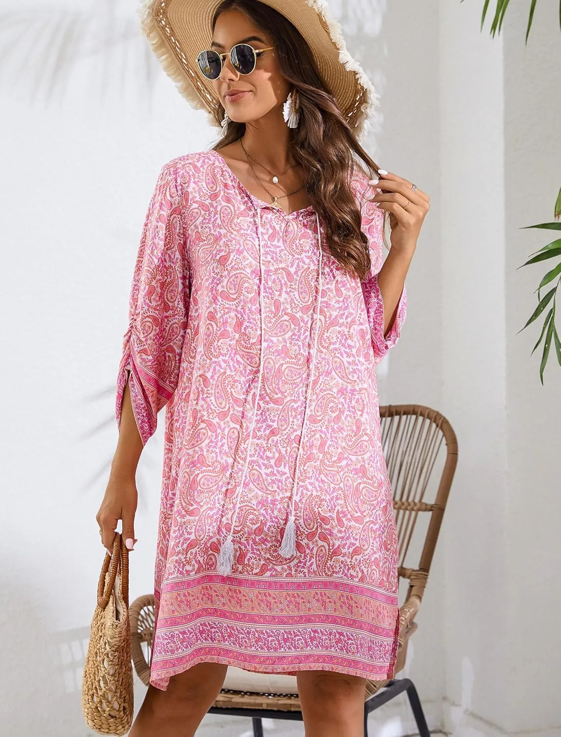 HOTOUCH Women Casual Beach Summer Dress Boho Tassel Tie Neck 3/4 Long Sleeve Short Floral Print Flowy Cover Up Sundresses