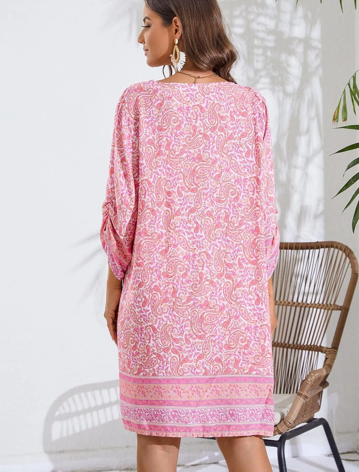 HOTOUCH Women Casual Beach Summer Dress Boho Tassel Tie Neck 3/4 Long Sleeve Short Floral Print Flowy Cover Up Sundresses