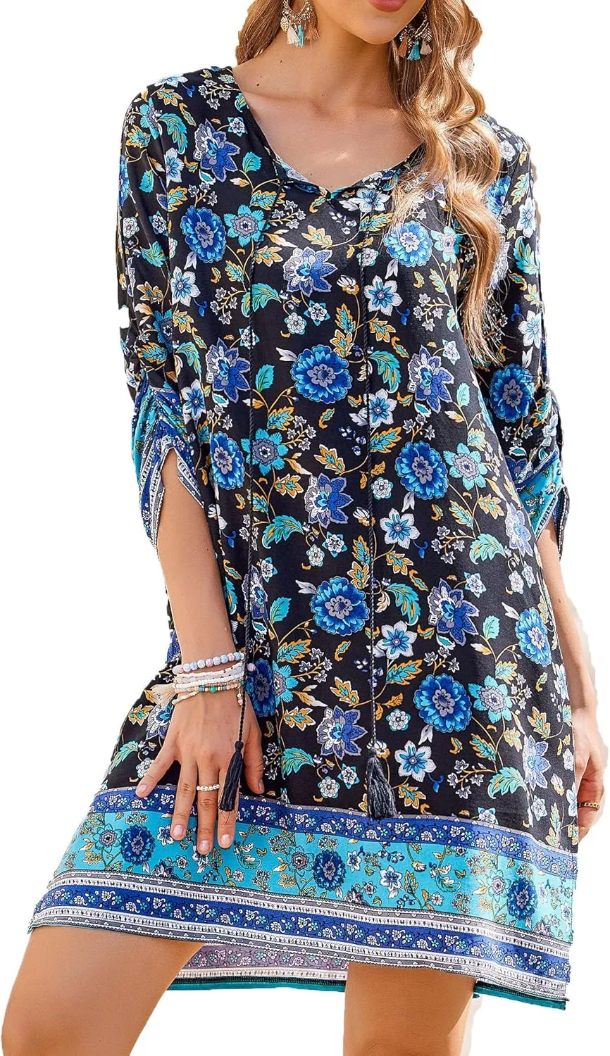 HOTOUCH Women Casual Summer Dress Boho Tassel Tie Neck Cover Up 3/4 Long Sleeve Short Floral Print Flowy Beach Sundresses