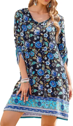 HOTOUCH Women Casual Summer Dress Boho Tassel Tie Neck Cover Up 3/4 Long Sleeve Short Floral Print Flowy Beach Sundresses