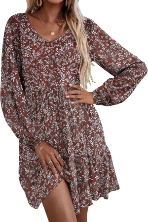 HOTOUCH Women Casual Tunic Dress V Neck Tiered Dress Long Sleeve Fit Swing Shift Dress with Pockets Loose Ruffled Dresses
