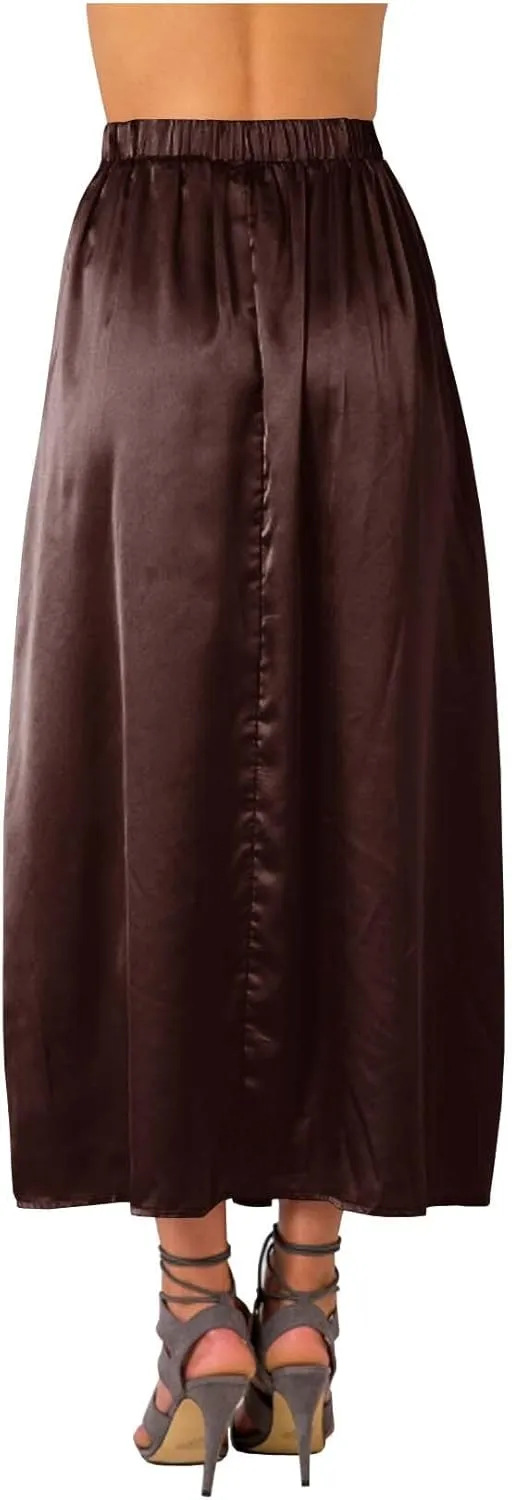 Indian Trendy Women's Casual Slit Asymmetrical Pleated Elastic High Waist Maxi Satin Midi Skirt Draped