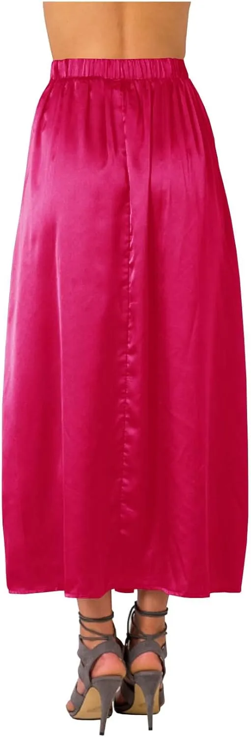 Indian Trendy Women's Casual Slit Asymmetrical Pleated Elastic High Waist Maxi Satin Midi Skirt Draped