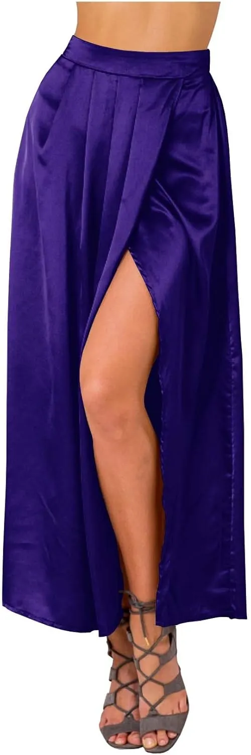 Indian Trendy Women's Casual Slit Asymmetrical Pleated Elastic High Waist Maxi Satin Midi Skirt Draped