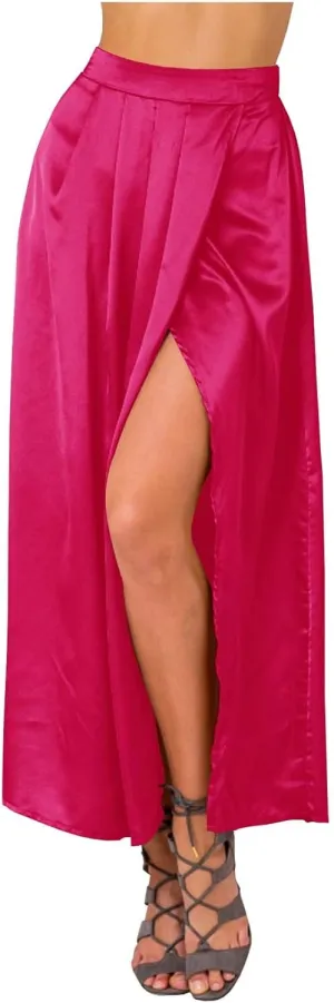 Indian Trendy Women's Casual Slit Asymmetrical Pleated Elastic High Waist Maxi Satin Midi Skirt Draped