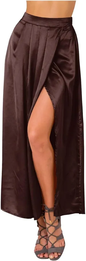 Indian Trendy Women's Casual Slit Asymmetrical Pleated Elastic High Waist Maxi Satin Midi Skirt Draped