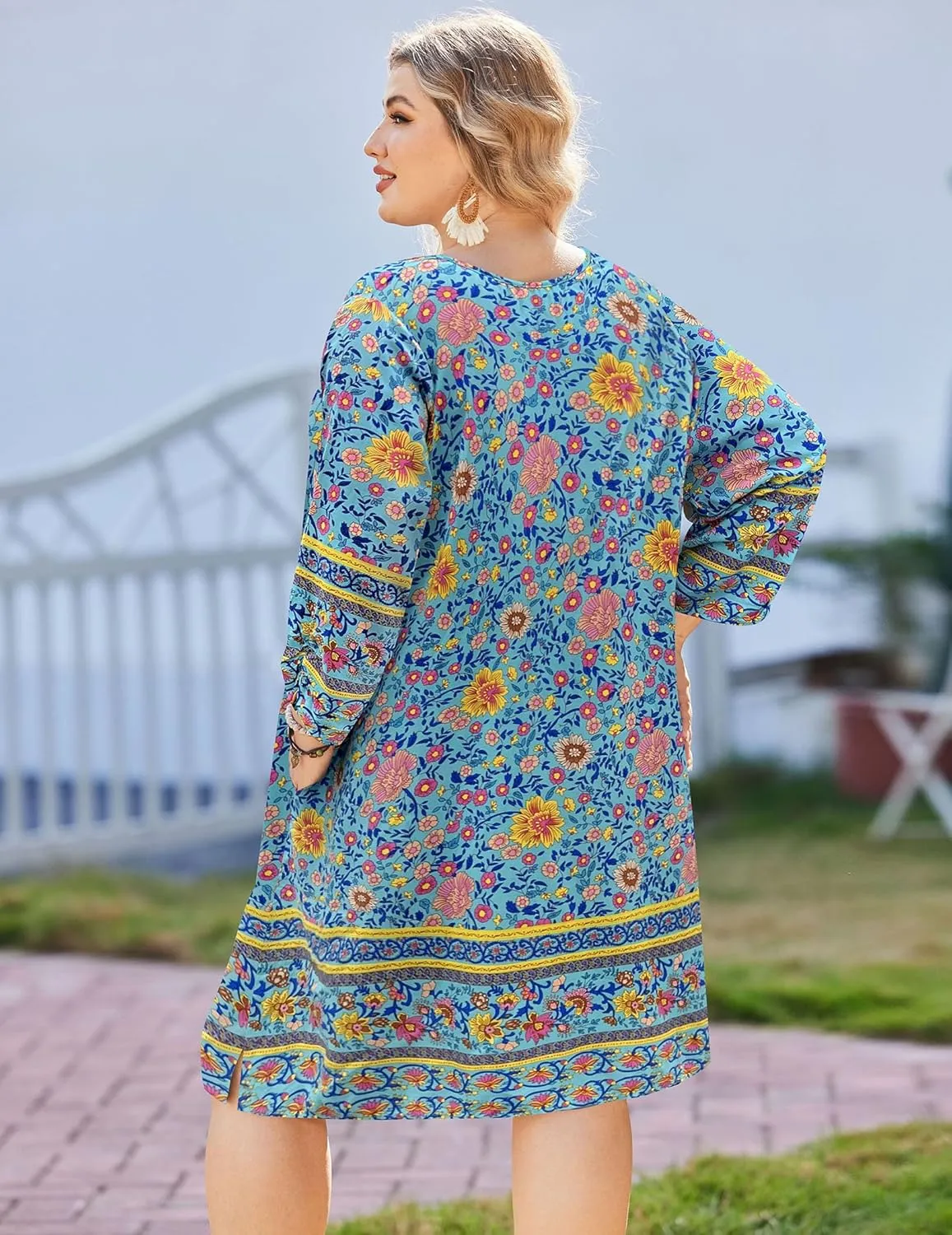 IN'VOLAND Plus Size Women Casual Beach Summer Dress Boho Tassel Tie Neck 3/4 Sleeve Short Floral Print Flowy Pockets Dresses