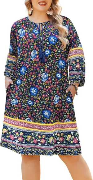 IN'VOLAND Plus Size Women Casual Beach Summer Dress Boho Tassel Tie Neck 3/4 Sleeve Short Floral Print Flowy Pockets Dresses
