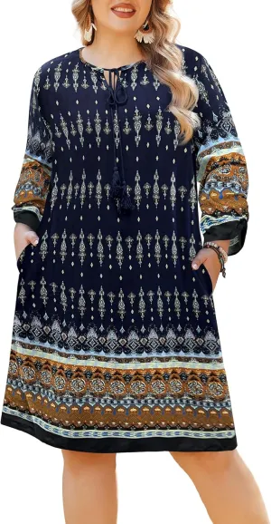 IN'VOLAND Plus Size Women Casual Beach Summer Dress Boho Tassel Tie Neck 3/4 Sleeve Short Floral Print Flowy Pockets Dresses