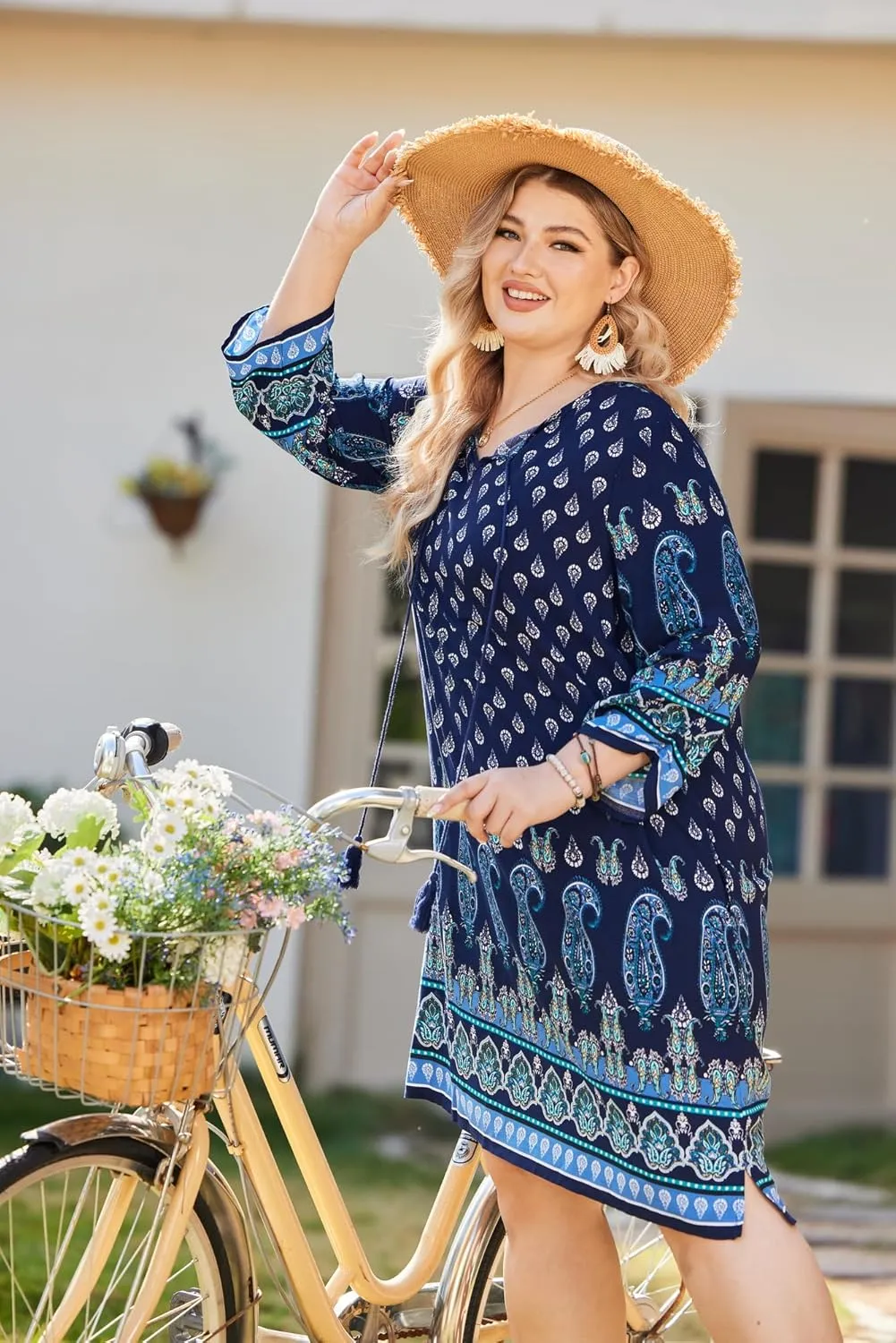 IN'VOLAND Plus Size Women Casual Beach Summer Dress Boho Tassel Tie Neck 3/4 Sleeve Short Floral Print Flowy Pockets Dresses