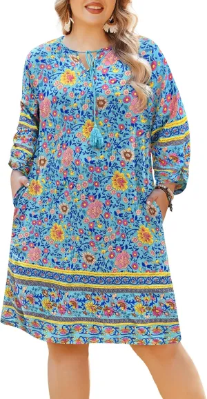 IN'VOLAND Plus Size Women Casual Beach Summer Dress Boho Tassel Tie Neck 3/4 Sleeve Short Floral Print Flowy Pockets Dresses