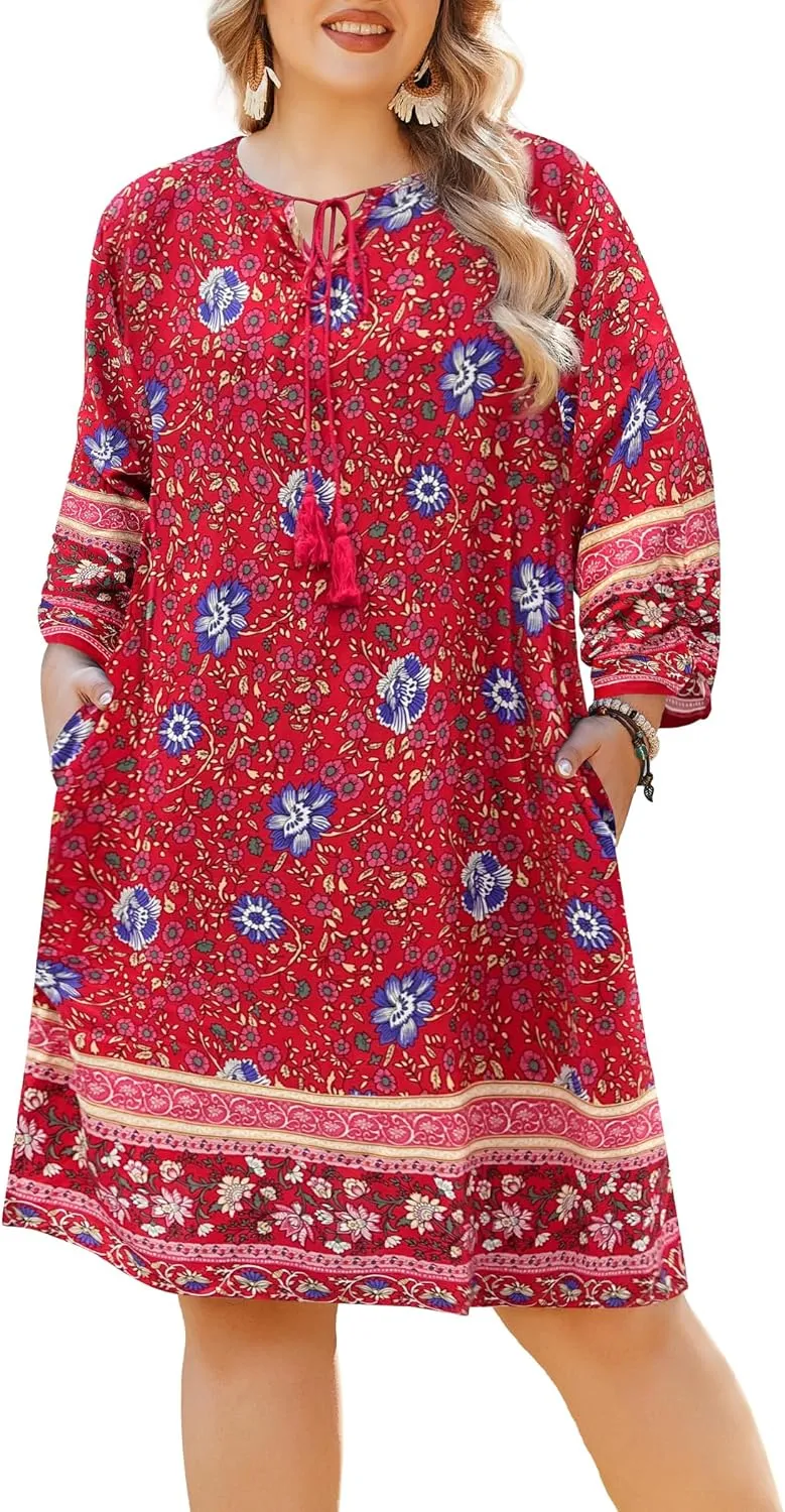 IN'VOLAND Plus Size Women Casual Beach Summer Dress Boho Tassel Tie Neck 3/4 Sleeve Short Floral Print Flowy Pockets Dresses