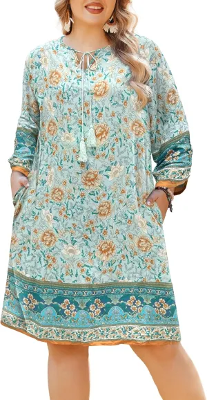 IN'VOLAND Plus Size Women Casual Beach Summer Dress Boho Tassel Tie Neck 3/4 Sleeve Short Floral Print Flowy Pockets Dresses