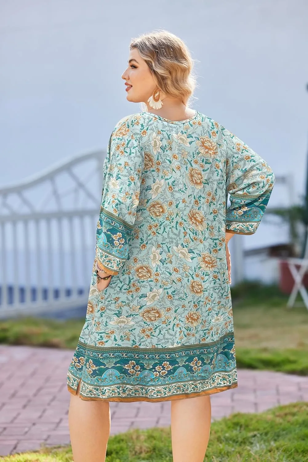 IN'VOLAND Plus Size Women Casual Beach Summer Dress Boho Tassel Tie Neck 3/4 Sleeve Short Floral Print Flowy Pockets Dresses