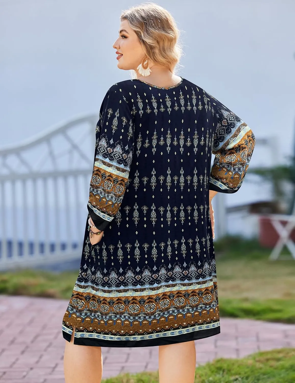 IN'VOLAND Plus Size Women Casual Beach Summer Dress Boho Tassel Tie Neck 3/4 Sleeve Short Floral Print Flowy Pockets Dresses