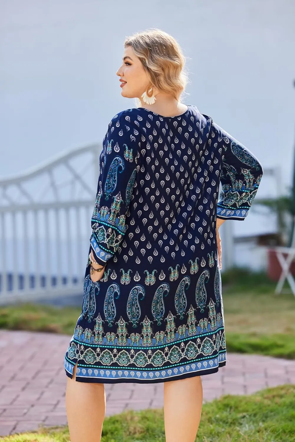 IN'VOLAND Plus Size Women Casual Beach Summer Dress Boho Tassel Tie Neck 3/4 Sleeve Short Floral Print Flowy Pockets Dresses