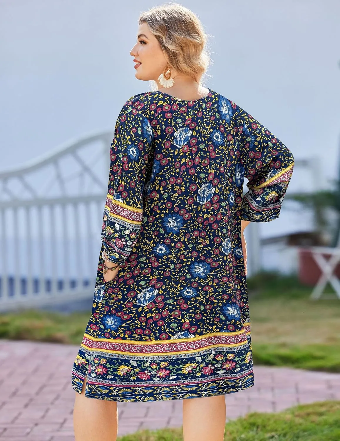 IN'VOLAND Plus Size Women Casual Beach Summer Dress Boho Tassel Tie Neck 3/4 Sleeve Short Floral Print Flowy Pockets Dresses