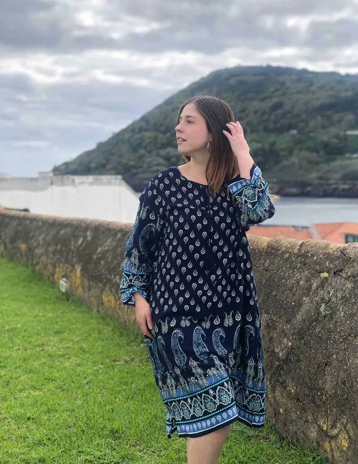 IN'VOLAND Plus Size Women Casual Beach Summer Dress Boho Tassel Tie Neck 3/4 Sleeve Short Floral Print Flowy Pockets Dresses