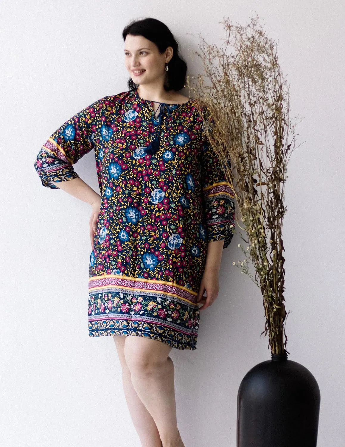 IN'VOLAND Plus Size Women Casual Beach Summer Dress Boho Tassel Tie Neck 3/4 Sleeve Short Floral Print Flowy Pockets Dresses
