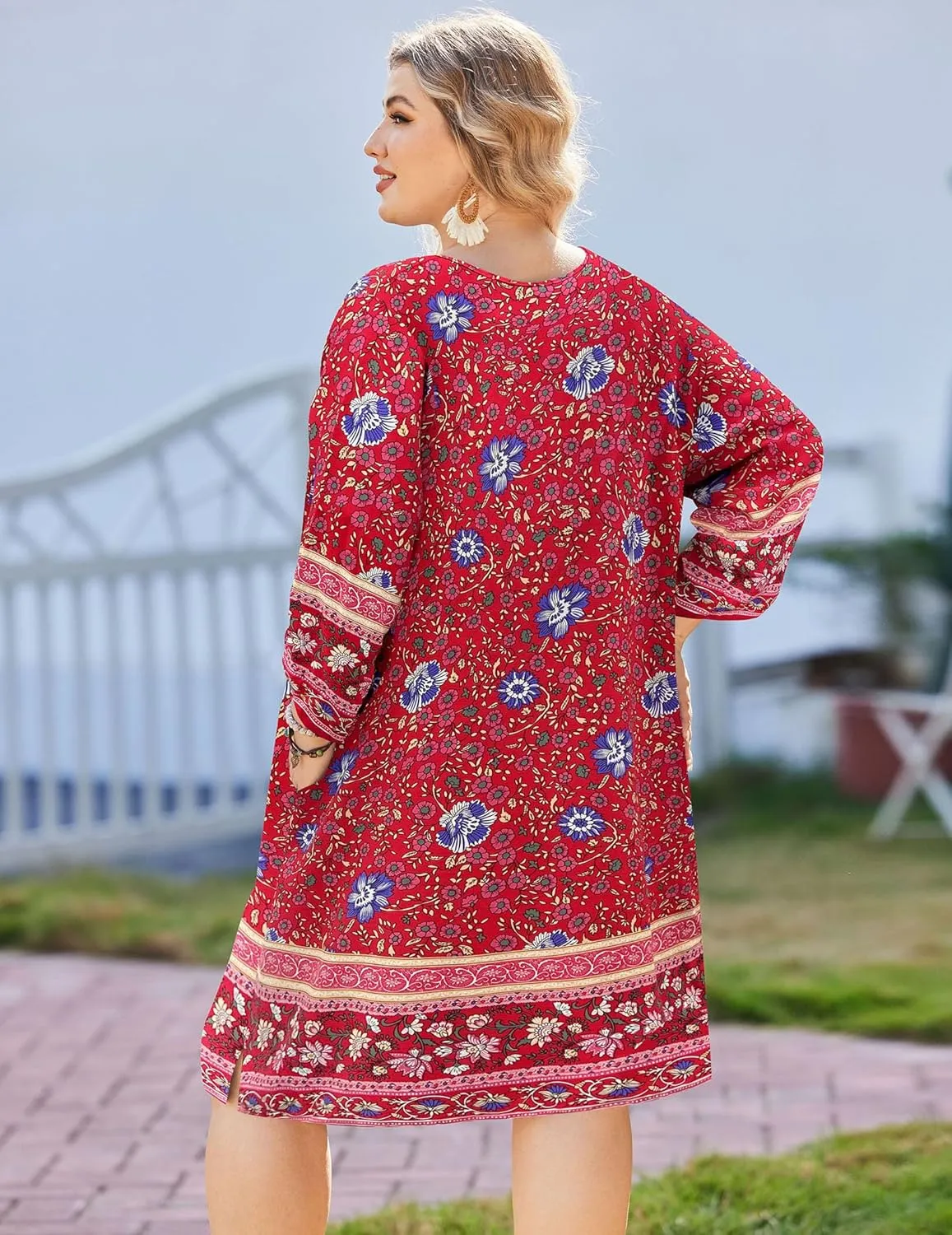 IN'VOLAND Plus Size Women Casual Beach Summer Dress Boho Tassel Tie Neck 3/4 Sleeve Short Floral Print Flowy Pockets Dresses