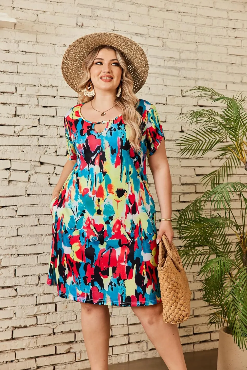 IN'VOLAND Women's Plus Size Casual Dresses with Pockets Summer Beach Floral Tshirt Short Sleeve Loose Flowy Sundresses
