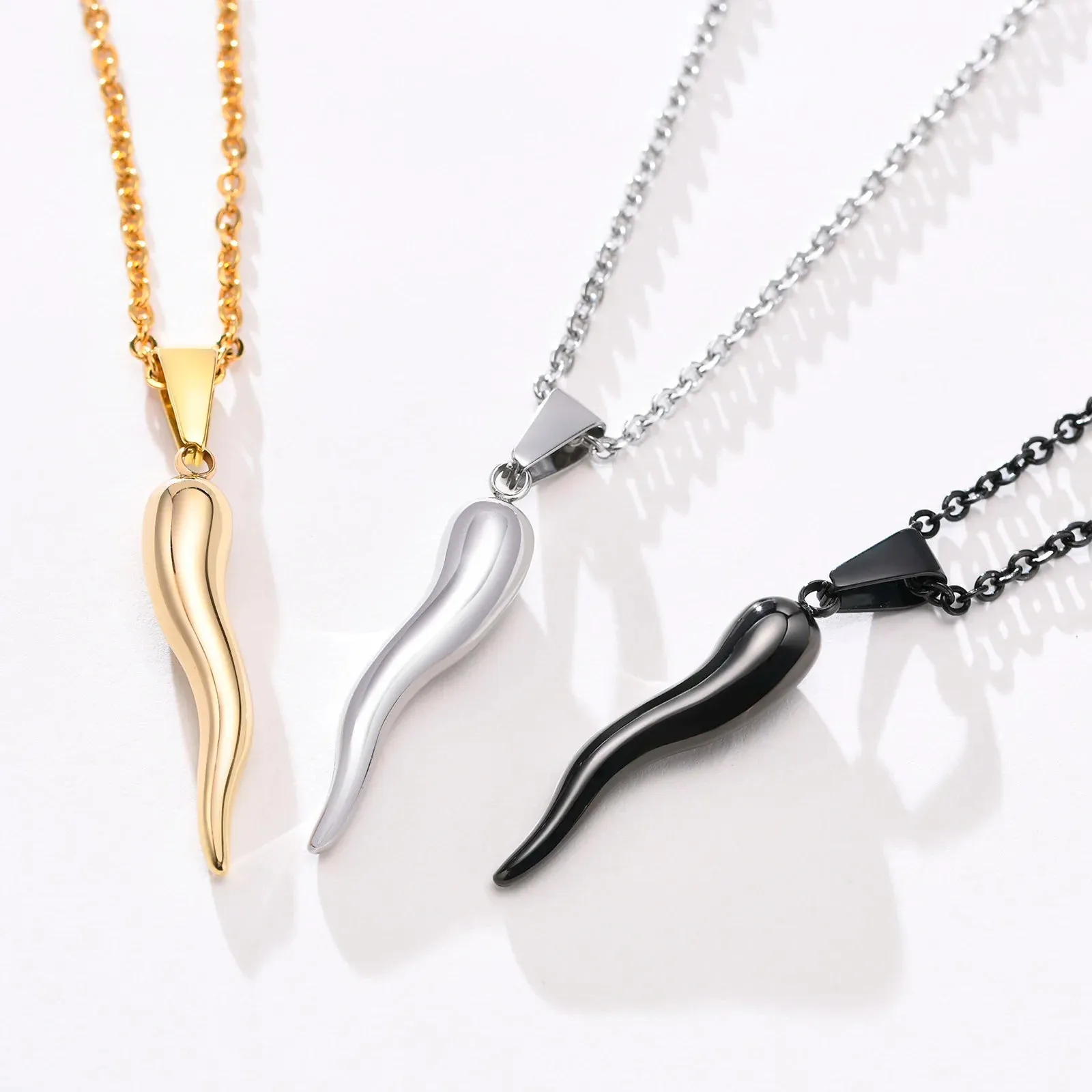 ITALIAN HORN Necklace , Stainless Steel Italian Cornicello Charm Pendant Necklaces