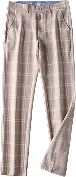 JEShifangjiusu Men's Slim-Fit Flat-Front Dress Pant Straight Fit Plaid Stretch Skinny Casual Business Dress Chinos Pants (34,Light Brown), Light Brown, 34