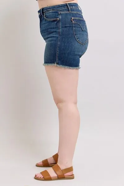 Judy Blue Tummy Control Fray Hem & Shield Back Pockets Denim Shorts