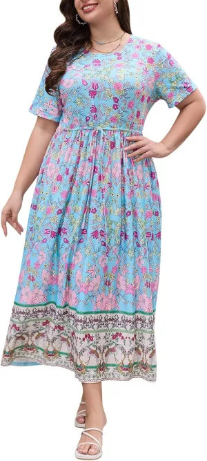 Keluummi Plus Size Summer Maxi Dresses for Curvy Women, Casual Floral Long Wedding Guest Sundress with Pockets