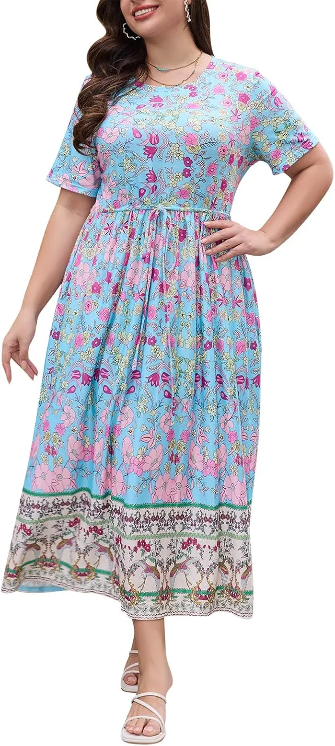 Keluummi Plus Size Summer Maxi Dresses for Curvy Women, Casual Floral Long Wedding Guest Sundress with Pockets
