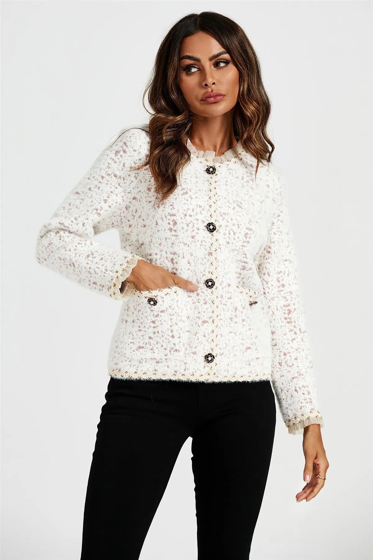Lace Trim Boucle Jacket In Cream
