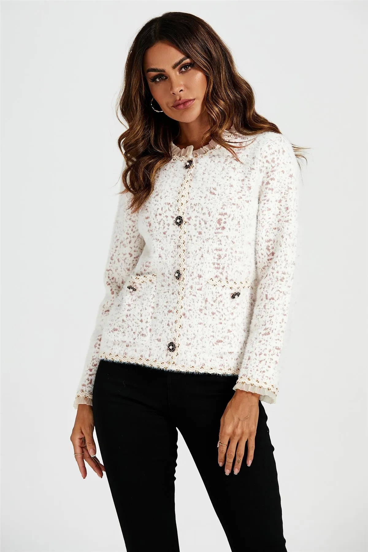 Lace Trim Boucle Jacket In Cream