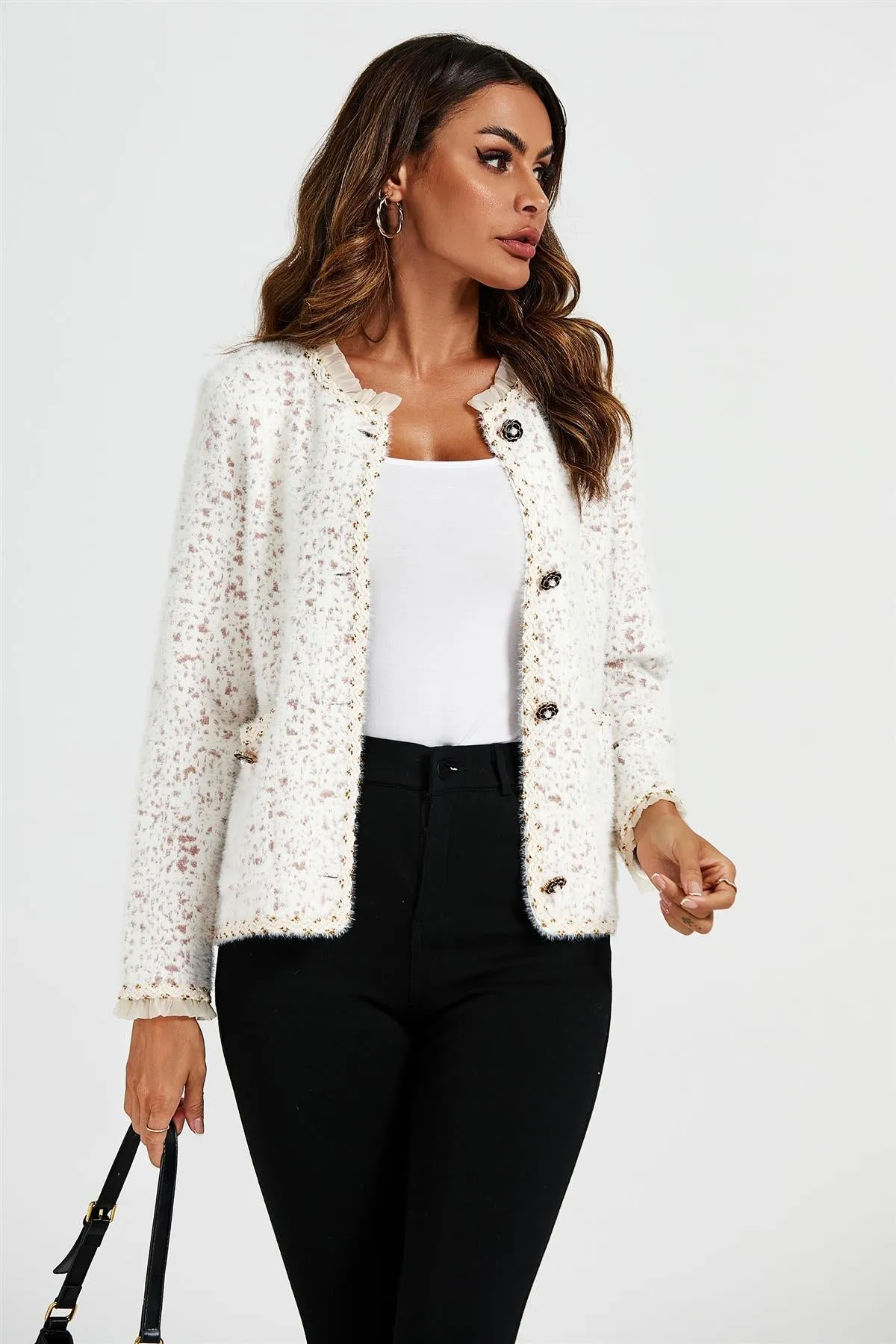Lace Trim Boucle Jacket In Cream