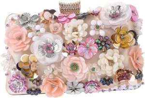 Ladies Evening Clutch Bag Beaded Flower Purse Satin Women Party Handbag