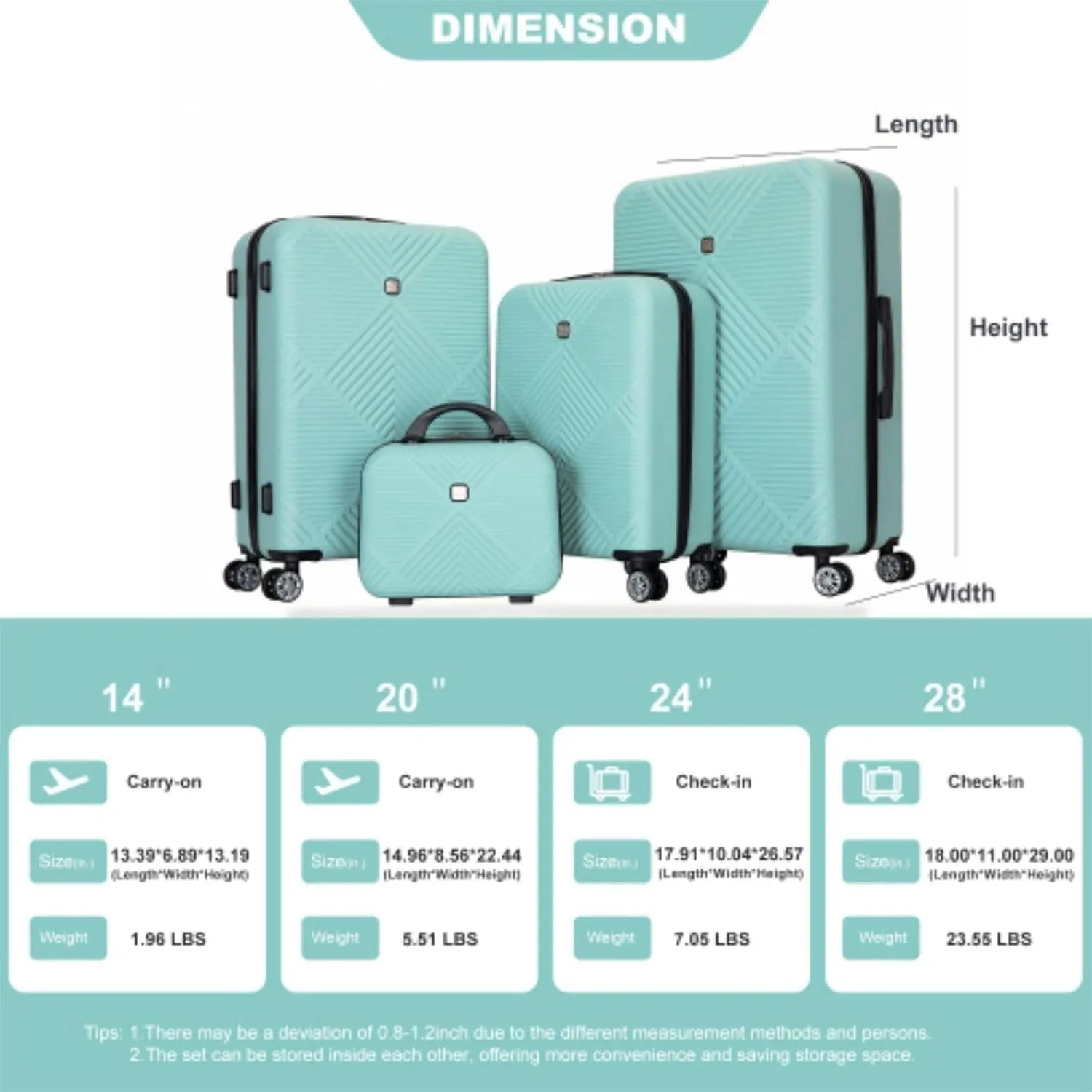 Lightweight, Light Blue, Carry-On 14/20/24/40Inch