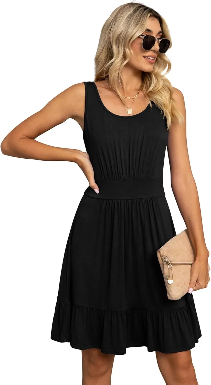 LILBETTER Women's Summer Casual U Neck Sundresses Pleated Knee Length Sleeveless Tank Dress