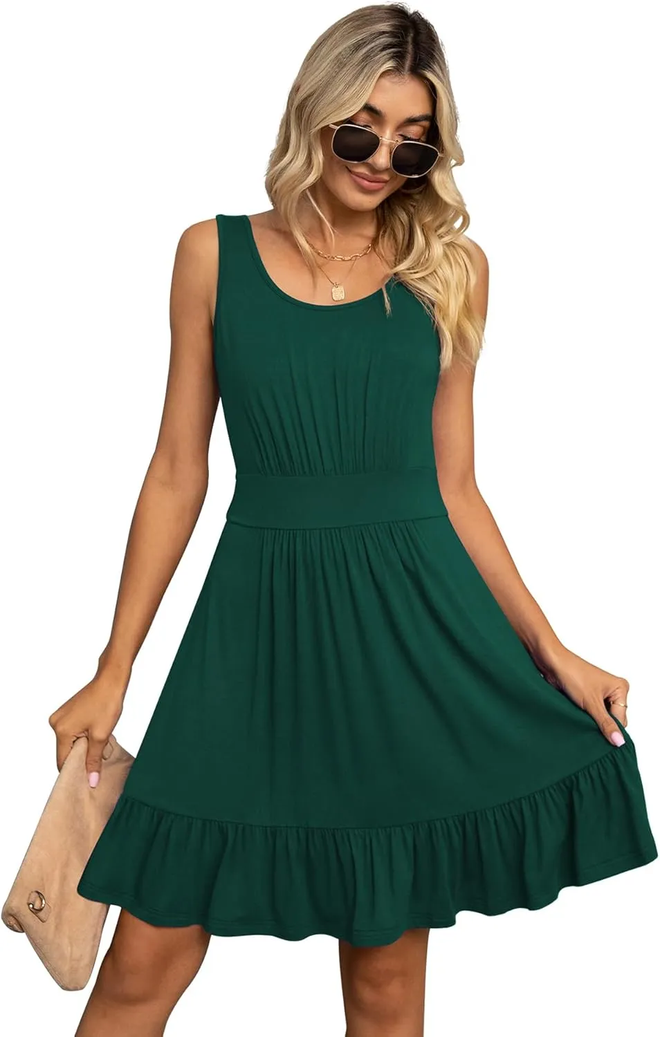 LILBETTER Women's Summer Casual U Neck Sundresses Pleated Knee Length Sleeveless Tank Dress