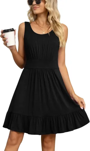 LILBETTER Women's Summer Casual U Neck Sundresses Pleated Knee Length Sleeveless Tank Dress
